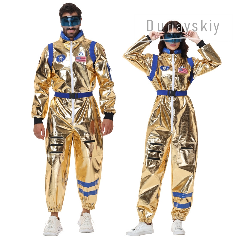 Anime Cosplay Couple - Kostum Jumpsuit Astronot Emas Metalik Mengkilap,